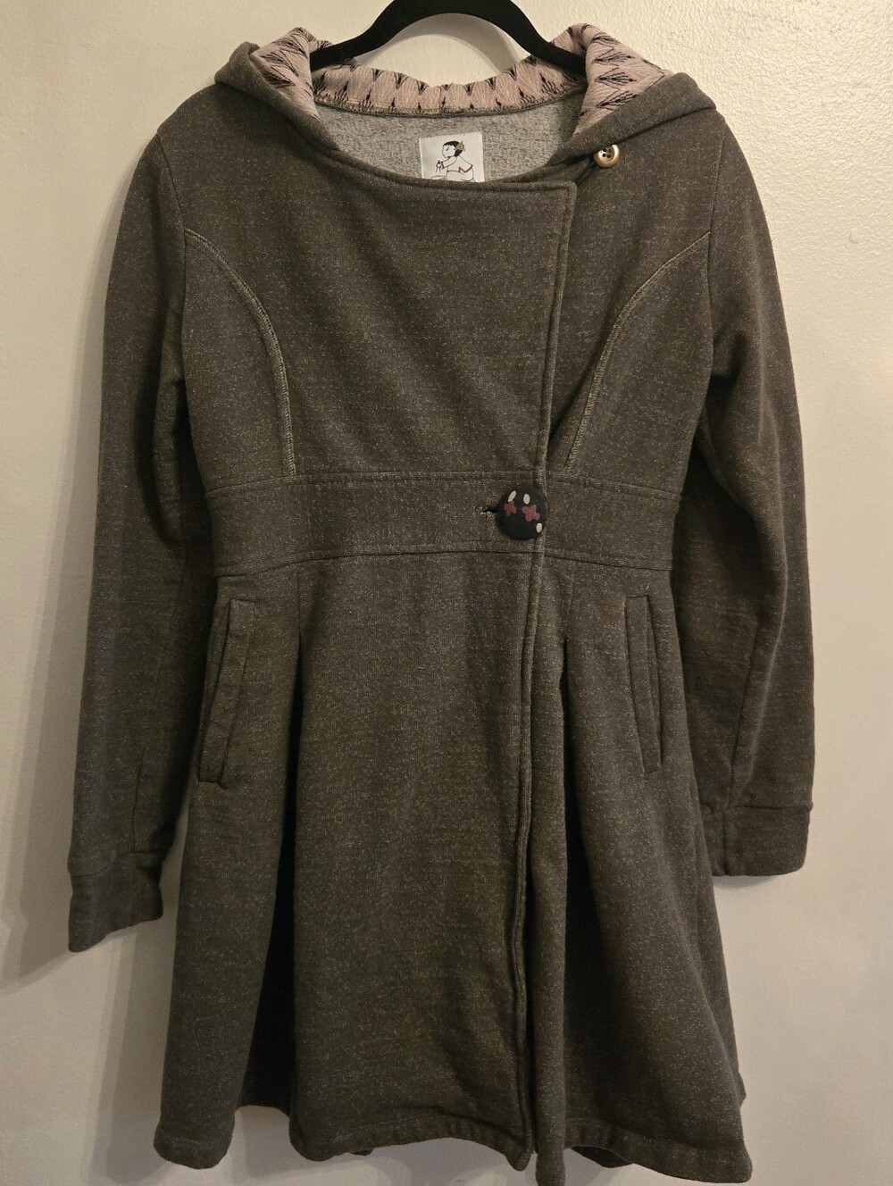 Rebe Olive Green Heavy Fleece Fit And Flare Coat With Hood USA Made Medium